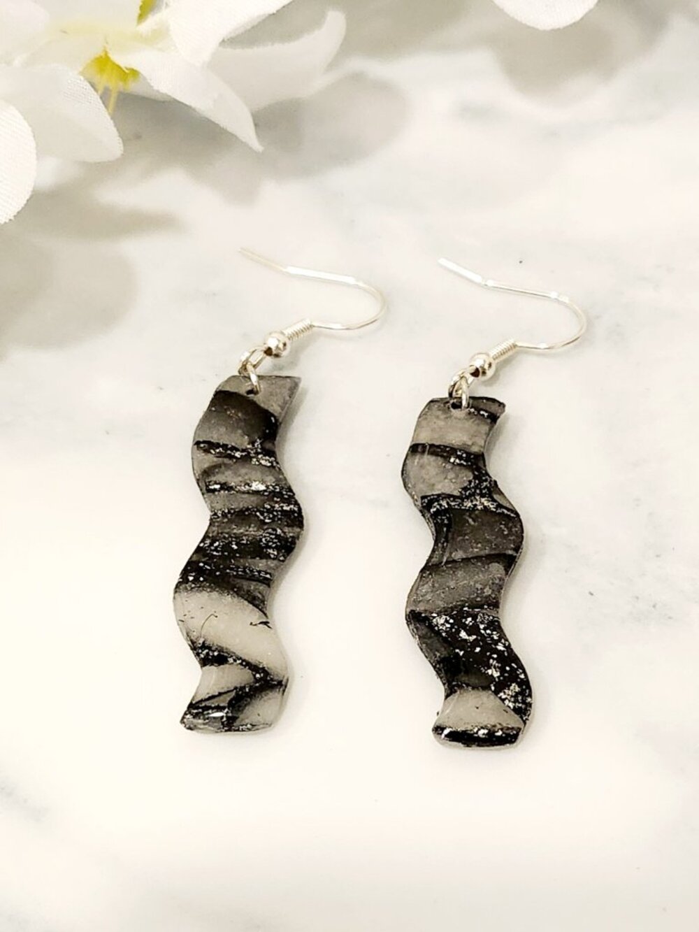 Handmade Black & White Wavy Marble Earrings